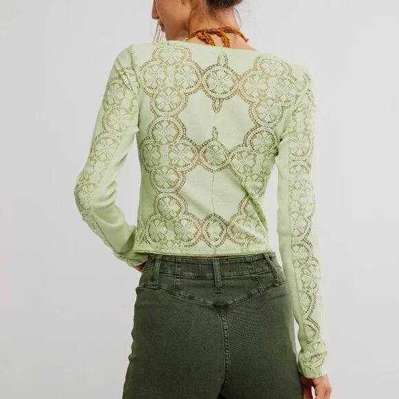 FREE PEOPLE Jae Knit Long Sleeve / Fresh Green NWT PTP 18” medium - Picture 3 of 7
